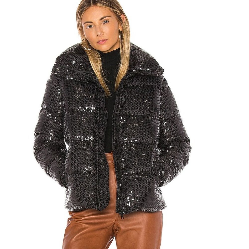 NWT Unreal Fur Black Sequin Puffer Jacket Front Zip High Collar Sz XS
